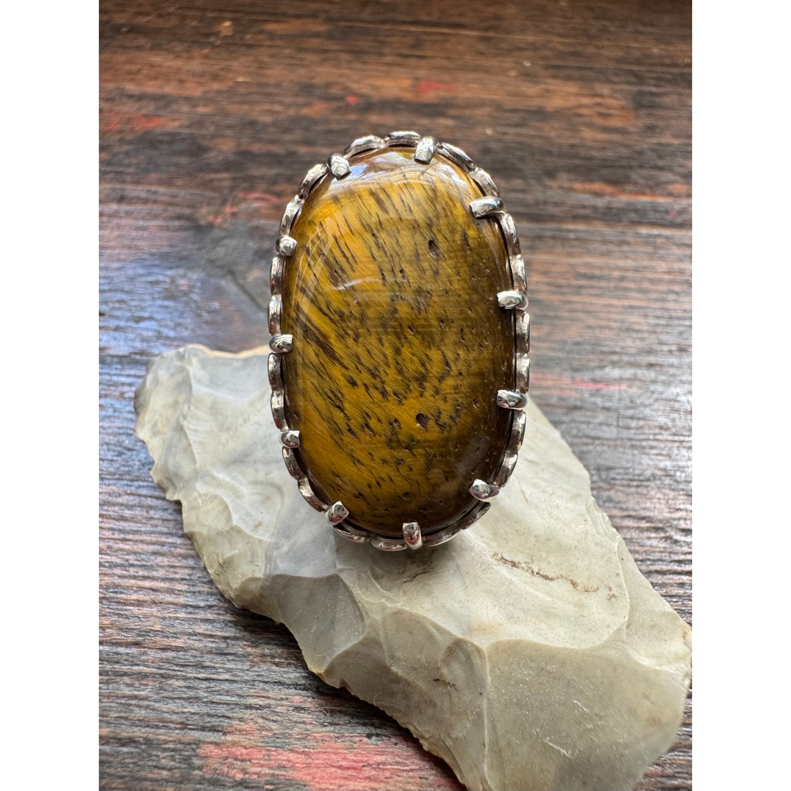 Large Tigers Eye Oval Cabochon Sterling 925 Silver Ring Us Size 6.75